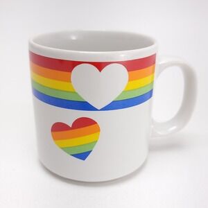 Retro‎ Valentine Rainbow Heart Ceramic Coffee Mug Russ Berrie 10oz 1980s Love